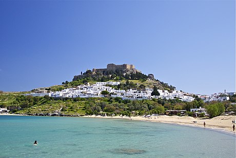 Lindos rising above the main beach